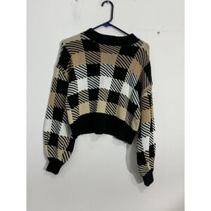 Womans Forever 21 Contempory M Black Tan White Checked Pullover Crop Sweater